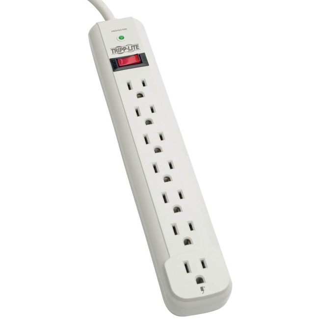 STRIKER surge suppression strip includes 7 AC outlets, 6 foot AC cord, 750 joule protection level.