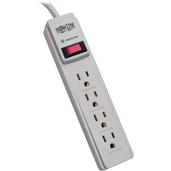TLP404 surge suppression strip includes 4 AC outlets, 4 foot AC cord, 390 joule protection level.